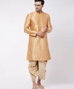 Vastramay Men's Gold Silk Blend Embroidered Dhoti