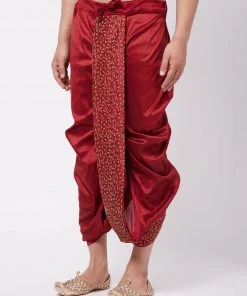 Vastramay Men's Maroon Silk Blend Embroidered Dhoti