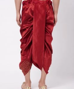 Vastramay Men's Maroon Silk Blend Embroidered Dhoti