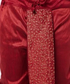 Vastramay Men's Maroon Silk Blend Embroidered Dhoti