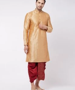 Vastramay Men's Maroon Silk Blend Embroidered Dhoti