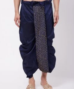 VASTRAMAY Men's Navy Blue Silk Blend Embroidered Dhoti