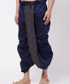 VASTRAMAY Men's Navy Blue Silk Blend Embroidered Dhoti