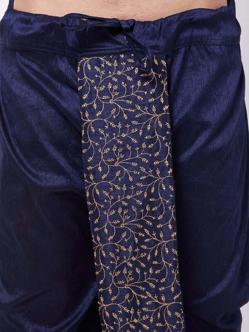 VASTRAMAY Men's Navy Blue Silk Blend Embroidered Dhoti 6 VASTRAMAY Men's Navy Blue Silk Blend Embroidered Dhoti