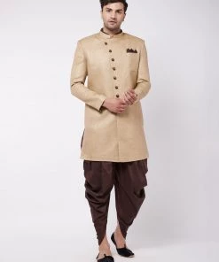Vastramay Men's Beige And Coffee Brown Jute Cotton Indowestern Set