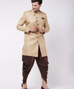 Vastramay Men's Beige And Coffee Brown Jute Cotton Indowestern Set
