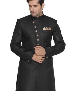 Vastramay Men's Black Silk Blend Sherwani Only Top
