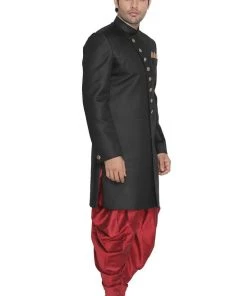 Vastramay Men's Black Jute Cotton Blend Sherwani Set