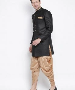 Vastramay Men's Black Silk Blend Kurta And Dhoti Pant Set