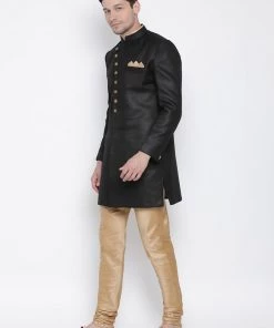 Vastramay Men's Black Silk Blend Sherwani Set