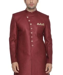 Vastramay Men's Maroon Silk Blend Sherwani Only Top