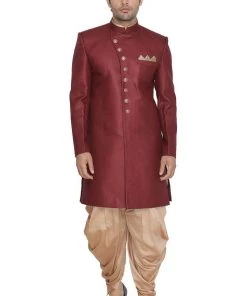 Vastramay Men's Maroon Jute Cotton Blend Sherwani Set