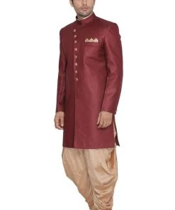 Vastramay Men's Maroon Jute Cotton Blend Sherwani Set