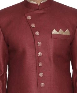 Vastramay Men's Maroon Jute Cotton Blend Sherwani Set