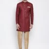 Vastramay Men's Maroon Silk Blend Sherwani Set