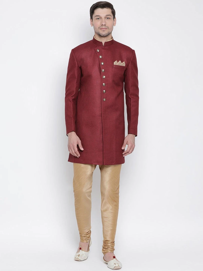 Vastramay Men's Maroon Silk Blend Sherwani Set 3 Vastramay Men's Maroon Silk Blend Sherwani Set