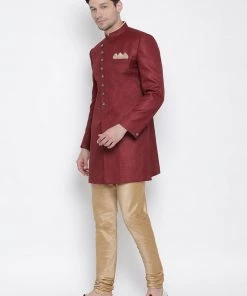 Vastramay Men's Maroon Silk Blend Sherwani Set
