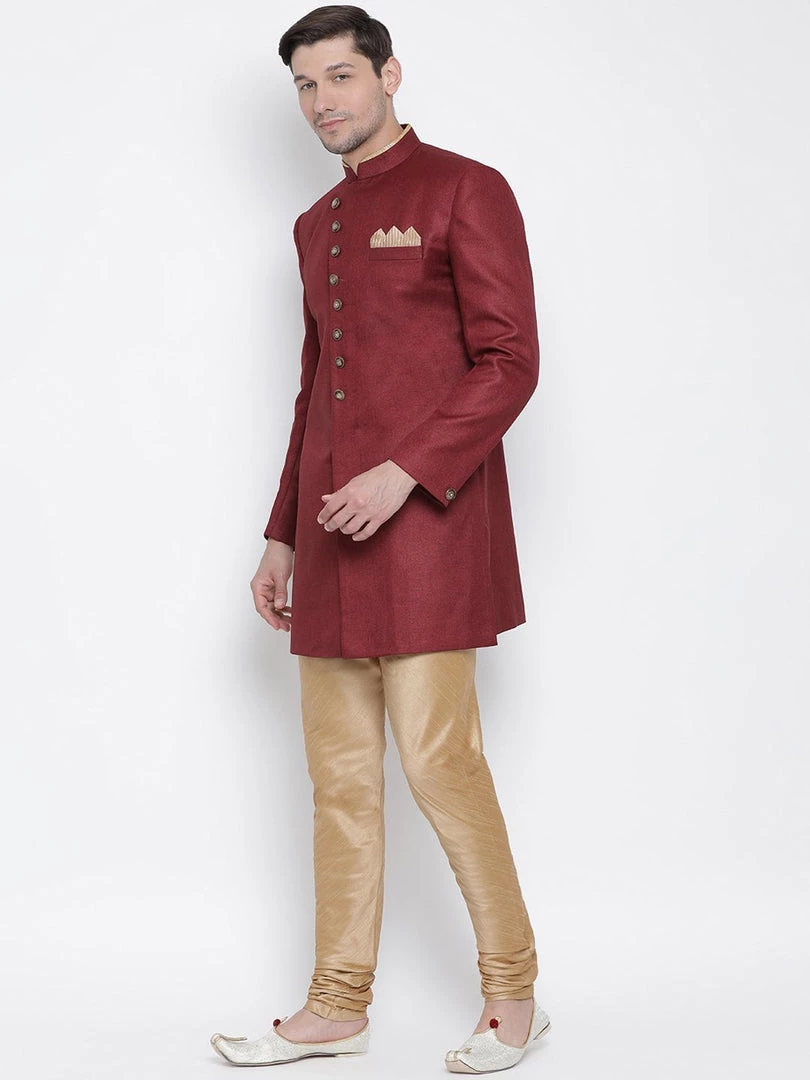 Vastramay Men's Maroon Silk Blend Sherwani Set 4 Vastramay Men's Maroon Silk Blend Sherwani Set