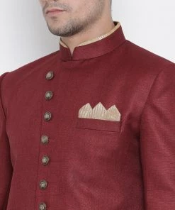 Vastramay Men's Maroon Silk Blend Sherwani Set 10 Vastramay Men's Maroon Silk Blend Sherwani Set