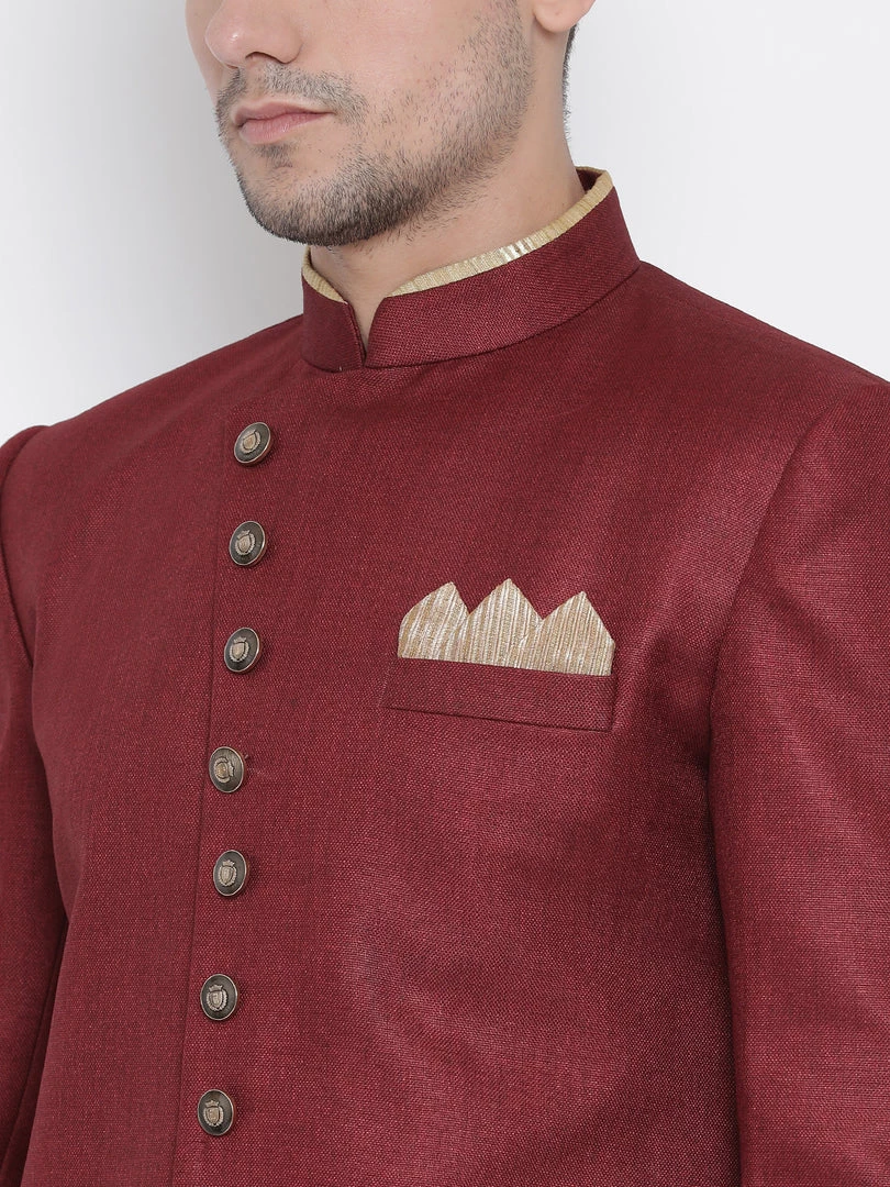 Vastramay Men's Maroon Silk Blend Sherwani Set 5 Vastramay Men's Maroon Silk Blend Sherwani Set
