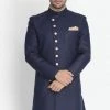 Vastramay Men's Dark Blue Silk Blend Sherwani Only Top