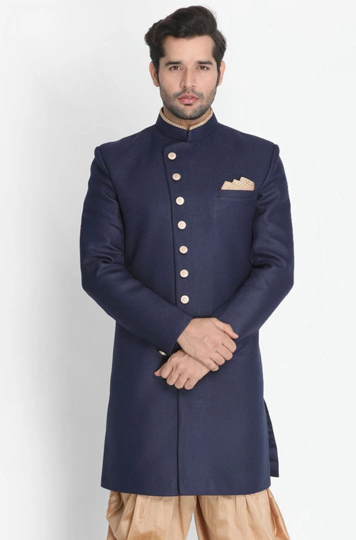Vastramay Men's Dark Blue Silk Blend Sherwani Only Top 3 Vastramay Men's Dark Blue Silk Blend Sherwani Only Top
