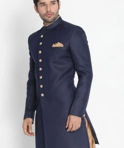 Vastramay Men's Dark Blue Silk Blend Sherwani Only Top