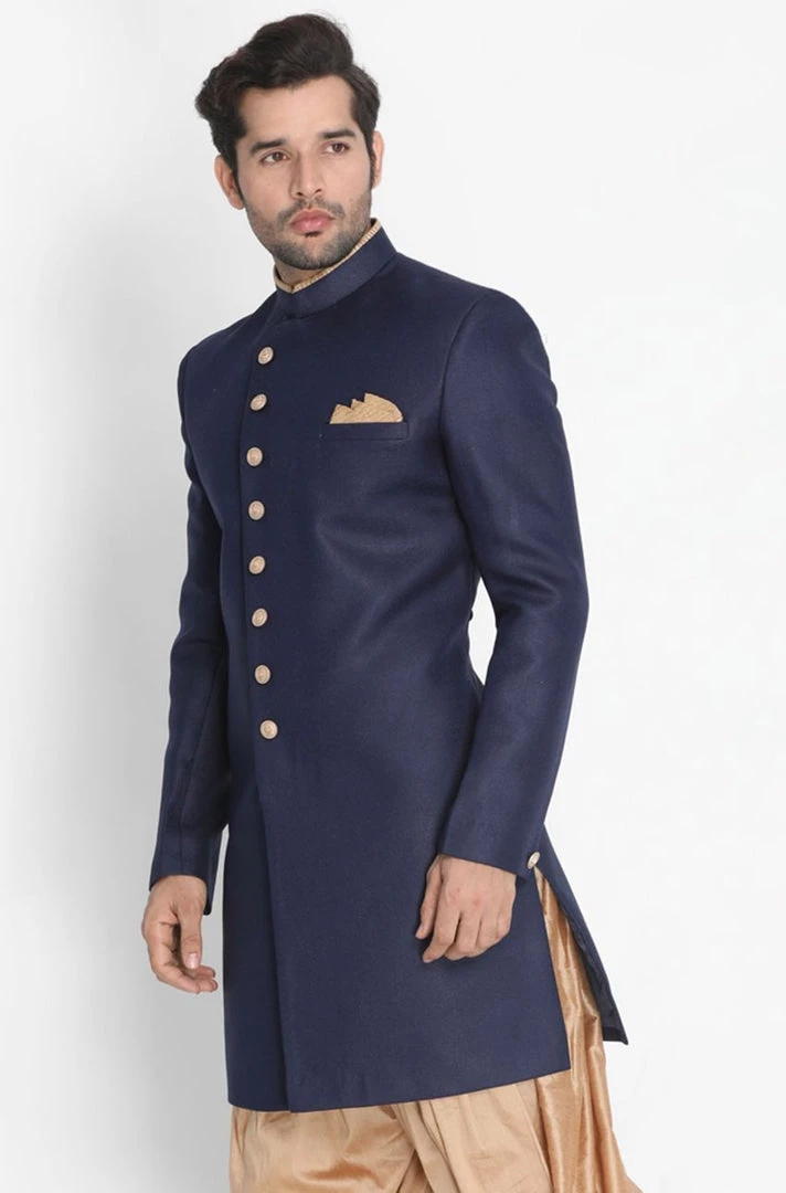 Vastramay Men's Dark Blue Silk Blend Sherwani Only Top 4 Vastramay Men's Dark Blue Silk Blend Sherwani Only Top