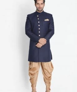 Vastramay Men's Dark Blue Silk Blend Sherwani Set