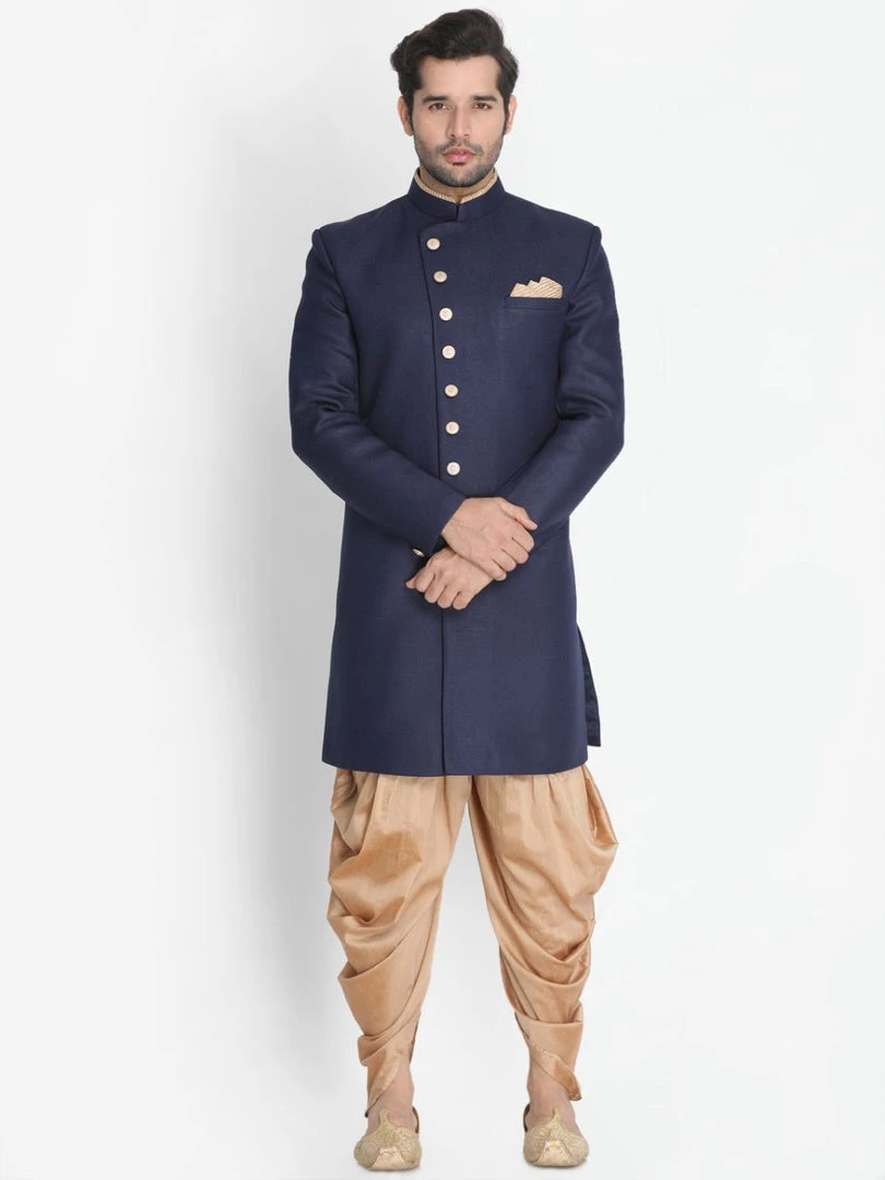 Vastramay Men's Dark Blue Silk Blend Sherwani Set 3 Vastramay Men's Dark Blue Silk Blend Sherwani Set