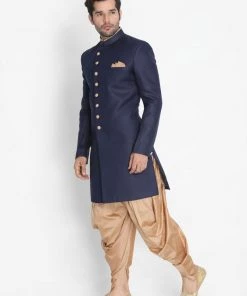 Vastramay Men's Dark Blue Silk Blend Sherwani Set
