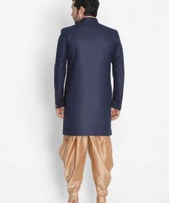 Vastramay Men's Dark Blue Silk Blend Sherwani Set 11 Vastramay Men's Dark Blue Silk Blend Sherwani Set