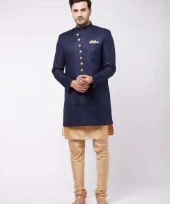 VASTRAMAY Men's Navy Blue Angrakha Style Indo Western Over Rose Gold Kurta Pyjama Set