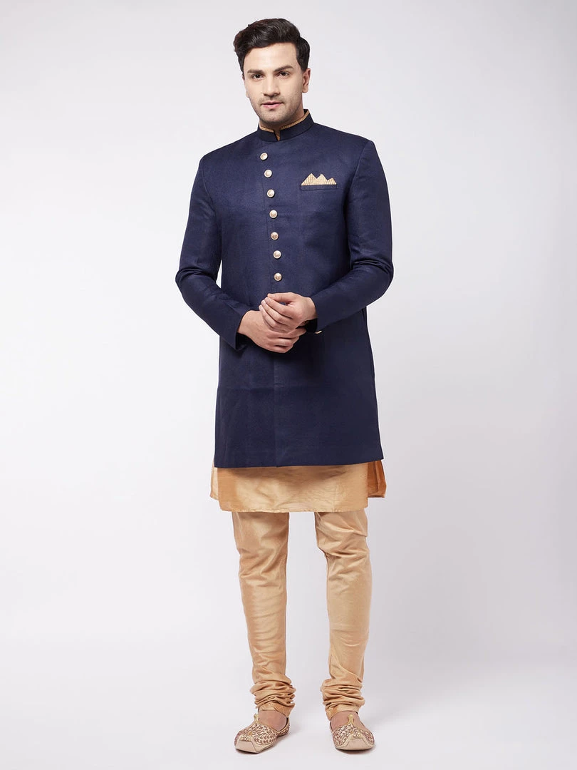 VASTRAMAY Men's Navy Blue Angrakha Style Indo Western Over Rose Gold Kurta Pyjama Set 4 VASTRAMAY Men's Navy Blue Angrakha Style Indo Western Over Rose Gold Kurta Pyjama Set
