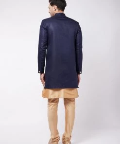 VASTRAMAY Men's Navy Blue Angrakha Style Indo Western Over Rose Gold Kurta Pyjama Set 12 VASTRAMAY Men's Navy Blue Angrakha Style Indo Western Over Rose Gold Kurta Pyjama Set