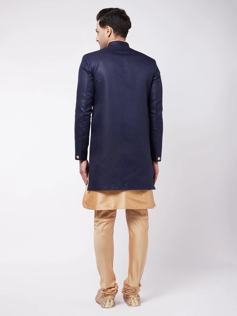 VASTRAMAY Men's Navy Blue Angrakha Style Indo Western Over Rose Gold Kurta Pyjama Set 6 VASTRAMAY Men's Navy Blue Angrakha Style Indo Western Over Rose Gold Kurta Pyjama Set