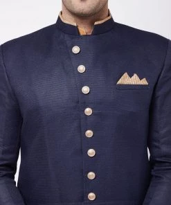 VASTRAMAY Men's Navy Blue Angrakha Style Indo Western Over Rose Gold Kurta Pyjama Set 13 VASTRAMAY Men's Navy Blue Angrakha Style Indo Western Over Rose Gold Kurta Pyjama Set