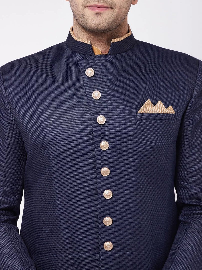 VASTRAMAY Men's Navy Blue Angrakha Style Indo Western Over Rose Gold Kurta Pyjama Set 7 VASTRAMAY Men's Navy Blue Angrakha Style Indo Western Over Rose Gold Kurta Pyjama Set