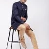 VASTRAMAY Men's Navy Blue Angrakha Style Indo Western Over Rose Gold Kurta Pyjama Set