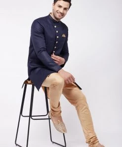 VASTRAMAY Men's Navy Blue Angrakha Style Indo Western Over Rose Gold Kurta Pyjama Set