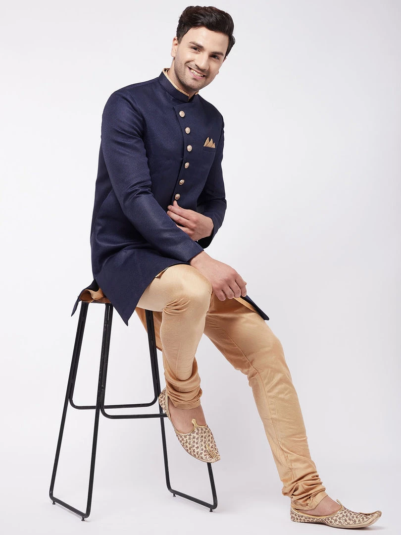 VASTRAMAY Men's Navy Blue Angrakha Style Indo Western Over Rose Gold Kurta Pyjama Set 3 VASTRAMAY Men's Navy Blue Angrakha Style Indo Western Over Rose Gold Kurta Pyjama Set