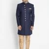 Vastramay Men's Dark Blue Silk Blend Sherwani Set 2 Vastramay Men's Dark Blue Silk Blend Sherwani Set