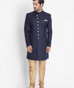 Vastramay Men's Dark Blue Silk Blend Sherwani Set