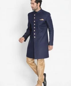 Vastramay Men's Dark Blue Silk Blend Sherwani Set