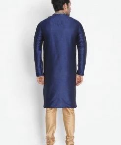 Vastramay Men's Dark Blue Silk Blend Sherwani Set