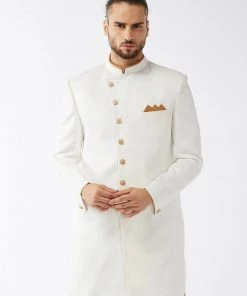 VASTRAMAY Men's White Silk Blend Sherwani Top Sherwani/Indowestern Sets
