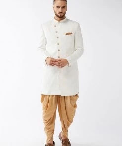 VASTRAMAY Men's White Silk Blend Sherwani Set