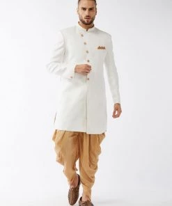 VASTRAMAY Men's White Silk Blend Sherwani Set