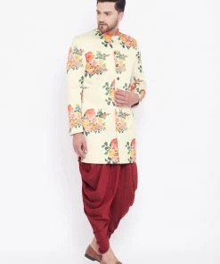 Sherwani/Indowestern Sets Vastramay Men's Floral Printed Multicolor-Base-Cream And Maroon Silk Blend Sherwani Set