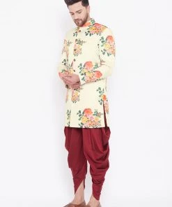 Sherwani/Indowestern Sets Vastramay Men's Floral Printed Multicolor-Base-Cream And Maroon Silk Blend Sherwani Set